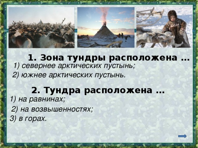 1. Зона тундры расположена … 1) севернее арктических пустынь; 2) южнее арктических пустынь. 2. Тундра расположена … 1) на равнинах; 2) на возвышенностях; 3) в горах. 