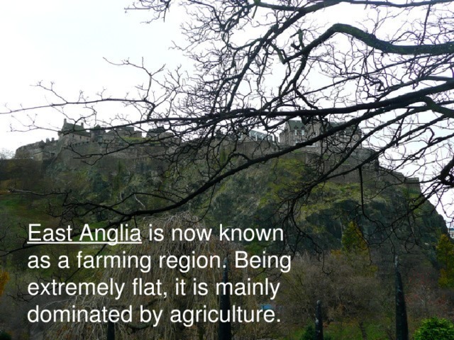 East Anglia is now known as a farming region. Being extremely flat, it is mainly dominated by agriculture. 