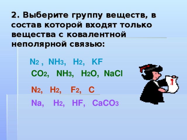 2. Выберите группу веществ, в состав которой входят только вещества с ковалентной неполярной связью:    N 2 , NH 3 , H 2 , KF  CO 2 , NH 3 , H 2 O , NaCl N 2 , H 2 ,   F 2 , C Na , H 2 , HF , CaCO 3 