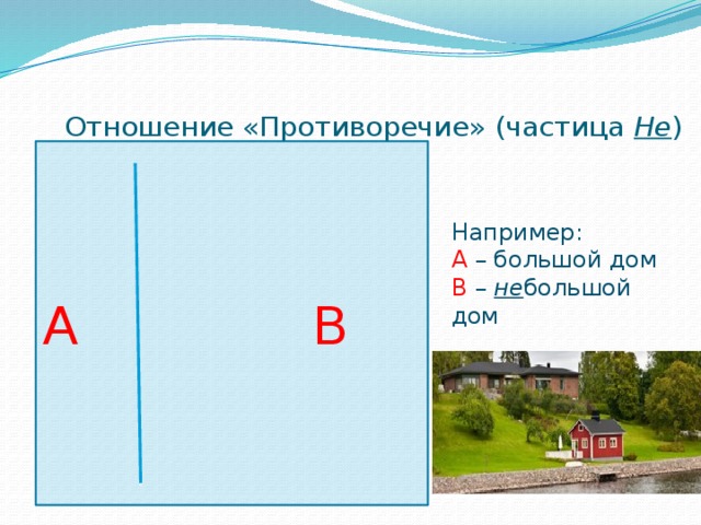 Отношение «Противоречие» (частица Не ) А В Например: А  – большой дом В  – не большой дом 