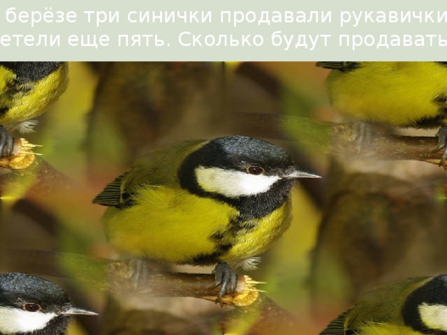 2. На берёзе три синички продавали рукавички, Прилетели еще пять. Сколько будут продавать? (8 ) 