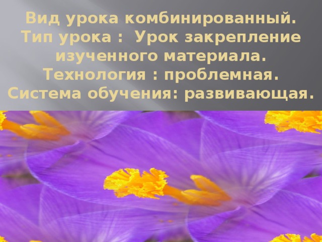 Вид урока комбинированный.  Тип урока : Урок закрепление изученного материала.  Технология : проблемная.  Система обучения: развивающая.  