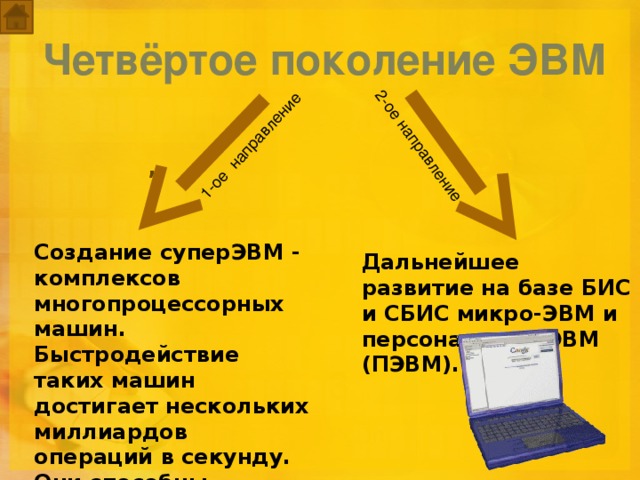 1-ое направление 2-ое направление Четвёртое поколение ЭВМ ,   Создание суперЭВМ - комплексов многопроцессорных машин. Быстродействие таких машин достигает нескольких миллиардов операций в секунду. Они способны обрабатывать огромные массивы информации. Дальнейшее развитие на базе БИС и СБИС микро-ЭВМ и персональных ЭВМ (ПЭВМ). 