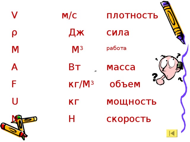 V   м/с   плотность ρ    Дж   сила M     М 3   работа А    Вт   масса F    кг/М 3  объем U    кг   мощность N    Н   скорость 