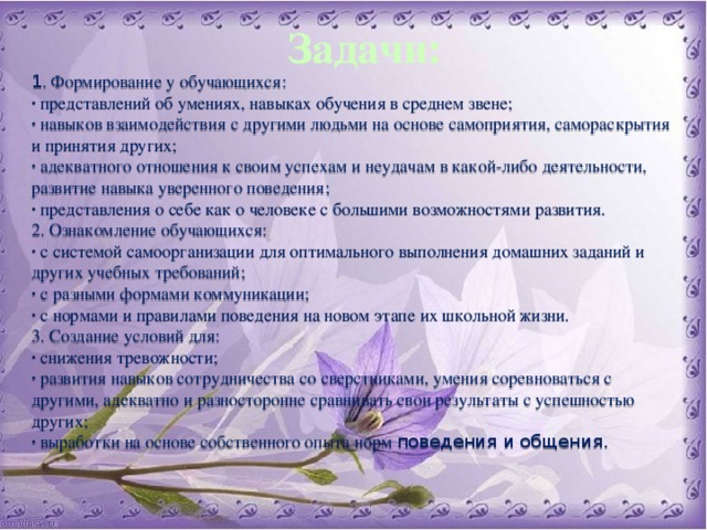 Задачи:  1 . Формирование у обучающихся:  · представлений об умениях, навыках обучения в среднем звене;  · навыков взаимодействия с другими людьми на основе самоприятия, самораскрытия и принятия других;  · адекватного отношения к своим успехам и неудачам в какой-либо деятельности, развитие навыка уверенного поведения;  · представления о себе как о человеке с большими возможностями развития.  2. Ознакомление обучающихся:  · с системой самоорганизации для оптимального выполнения домашних заданий и других учебных требований;  · с разными формами коммуникации;  · с нормами и правилами поведения на новом этапе их школьной жизни.  3. Создание условий для:  · снижения тревожности;  · развития навыков сотрудничества со сверстниками, умения соревноваться с другими, адекватно и разносторонне сравнивать свои результаты с успешностью других;  · выработки на основе собственного опыта норм поведения и общения. 