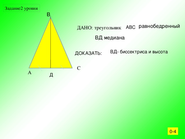 Задание2 уровня B равнобедренный ДАНО: треугольник АВС ВД медиана ВД- биссектриса и высота ДОКАЗАТЬ: C A Д 0-4 