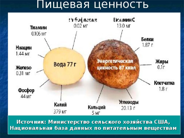 9. 5. 1. 2. 2. 3. 3. 4. 4. 5. 6. 6. 7. 7. 8. 8. 9. 10. 10. 1. http://www.potato2008.org/ru/index.html 4. 1. 1. 2. 2. 3. 3. 4. 5. 7. 5. 6. 6. 7. 10. 9. 9. 8. 8. Пищевая ценность картофеля  (на 100 г картофеля, сваренного в кожуре  и очищенного перед употреблением) Источник: Министерство сельского хозяйства США, Национальная база данных по питательным веществам 