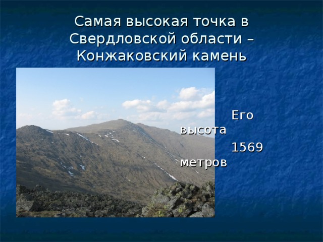 Самая высокая точка в Свердловской области – Конжаковский камень  Его высота  1569 метров 