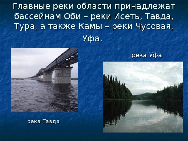 Главные реки области принадлежат бассейнам Оби – реки Исеть, Тавда, Тура, а также Камы – реки Чусовая, Уфа.   река Уфа  река Тавда 