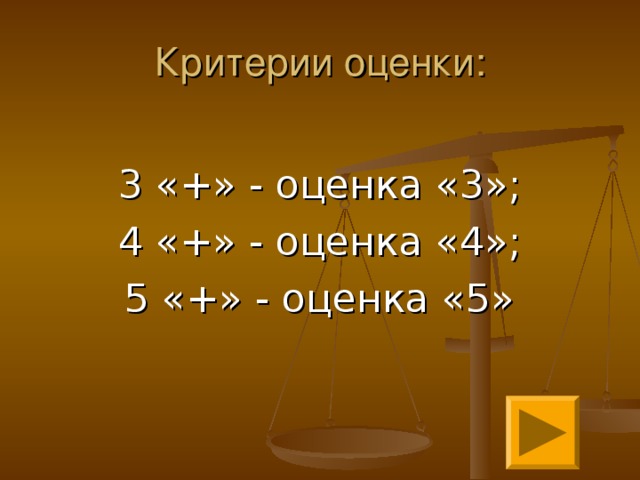 Критерии оценки: 3 «+» - оценка «3»; 4 «+» - оценка «4»; 5 «+» - оценка «5» 