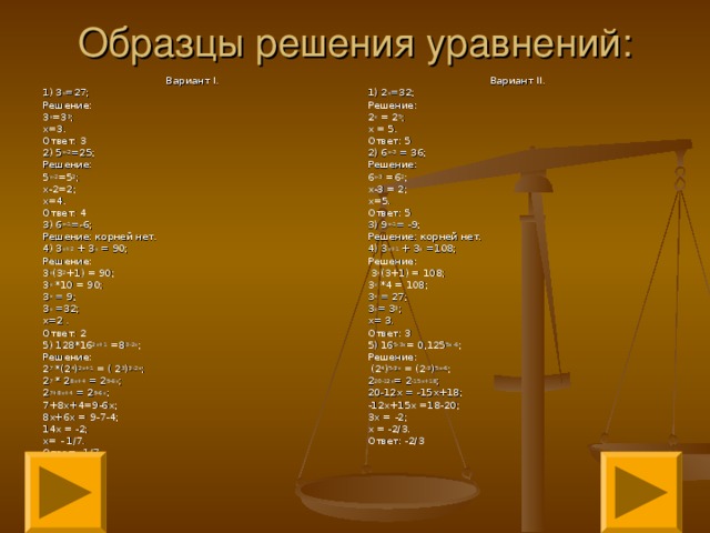 Образцы решения уравнений: Вариант I. 1) 3 х =27; Решение: 3 х =3 3 ; х=3. Ответ: 3 2) 5 х-2 =25; Решение: 5 х-2 =5 2 ; х-2=2; х=4. Ответ: 4 3) 6 х-1 =-6; Решение: корней нет. 4) 3 х+2 + 3 х = 90; Решение: 3 х (3 2 +1) = 90; 3 х *10 = 90; 3 х = 9; 3 х =32; х=2 . Ответ: 2 5) 128*16 2х+1 =8 3-2х ; Решение: 2 7 *(2 4 ) 2х+1 = ( 2 3 ) 3-2х ; 2 7 * 2 8х+4 = 2 9-6х ; 2 7+8х+4 = 2 9-6х ; 7+8х+4=9-6х; 8х+6х = 9-7-4; 14х = -2; х= - 1/7. Ответ: -1/7 Вариант II. 1) 2 х =32; Решение: 2 х = 2 5 ; х = 5. Ответ: 5 2) 6 х-3 = 36; Решение: 6 х-3 =6 2 ; х-3 = 2; х=5. Ответ: 5 3) 9 х-1 = -9; Решение: корней нет. 4) 3 х+1 + 3 х =108; Решение:  3 х (3+1) = 108; 3 х *4 = 108; 3 х = 27; 3 х = 3 3 ; х= 3. Ответ: 3 5) 16 5-3х = 0,125 5х-6 ; Решение:  (2 4 ) 5-3х = (2 -3 ) 5х-6 ; 2 20-12х = 2 -15х+18 ; 20-12х = -15х+18; -12х+15х =18-20; 3х = -2; х = -2/3. Ответ: -2/3 