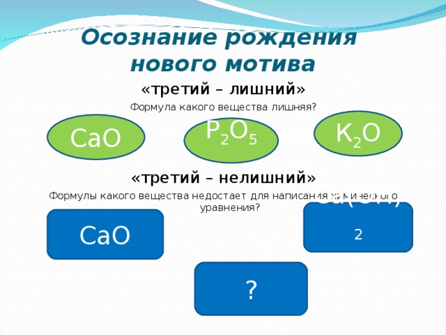 Осознание рождения  нового мотива «третий – лишний» Формула какого вещества лишняя? «третий – нелишний» Формулы какого вещества недостает для написания химического уравнения? К 2 О СаО Р 2 О 5 Са(ОН) 2 СаО ? 