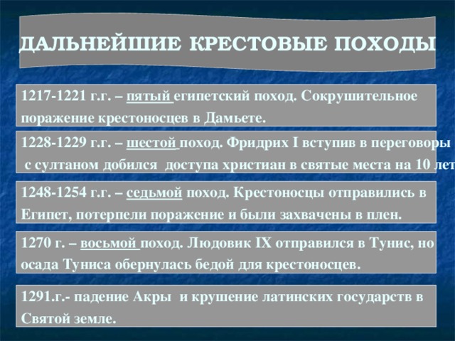 ДАЛЬНЕЙШИЕ КРЕСТОВЫЕ ПОХОДЫ 1217-1221 г.г. – пятый египетский поход. Сокрушительное поражение крестоносцев в Дамьете. 1228-1229 г.г. – шестой  поход. Фридрих I вступив в переговоры  с султаном добился доступа христиан в святые места на 10 лет. 1248-1254 г.г. – седьмой  поход. Крестоносцы отправились в Египет, потерпели поражение и были захвачены в плен. 1270 г. – восьмой поход. Людовик IX отправился в Тунис, но осада Туниса обернулась бедой для крестоносцев. 1291.г.-  падение Акры и крушение латинских государств в Святой земле. 