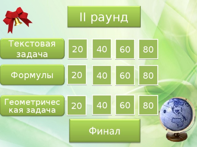 II раунд Текстовая задача 40 20 60 80 20 Формулы 80 40 60 40 60 80 20 Геометрическая задача 