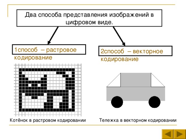 Два способа представления изображений в цифровом виде. 1способ  – растровое кодирование 2способ  – векторное кодирование 