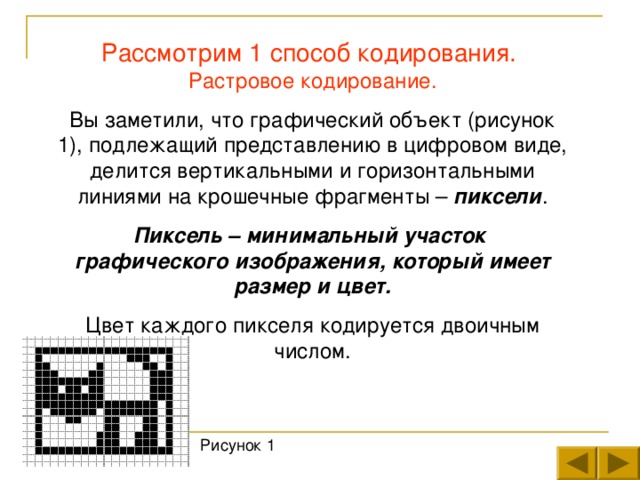 Рассмотрим 1 способ кодирования. Растровое кодирование. Вы заметили, что графический объект (рисунок 1), подлежащий представлению в цифровом виде, делится вертикальными и горизонтальными линиями на крошечные фрагменты – пиксели . Пиксель – минимальный участок графического изображения, который имеет размер и цвет. Цвет каждого пикселя кодируется двоичным числом. 