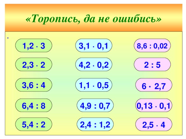 «Торопись, да не ошибись» ∙ 3,1 ∙ 0,1 8,6 : 0,02 1,2 ∙ 3 4,2 ∙ 0,2 2,3 ∙ 2 2 : 5 3,6 : 4 6 ∙ 2,7 1,1 ∙ 0,5 6,4 : 8 4,9 : 0,7 0,13 ∙ 0,1 5,4 : 2 2,4 : 1,2 2,5 ∙ 4 