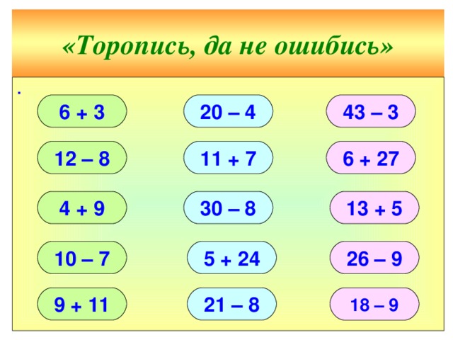 «Торопись, да не ошибись» ∙ 20 – 4 43 – 3 6 + 3 11 + 7 12 – 8 6 + 27 4 + 9 13 + 5 30 – 8 10 – 7 5 + 24 26 – 9 9 + 11 21 – 8 18 – 9 