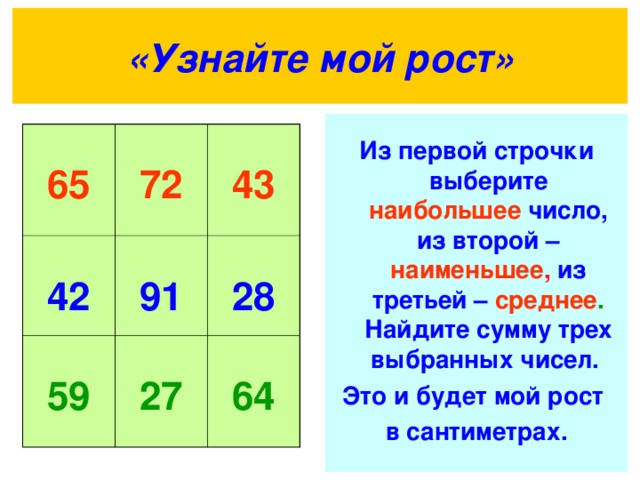 «Узнайте мой рост»  Из первой строчки выберите наибольшее  число, из второй – наименьшее , из третьей – среднее . Найдите сумму трех выбранных чисел. Это и будет мой рост в сантиметрах.  65  72  42  43  91  59  27  28  64 