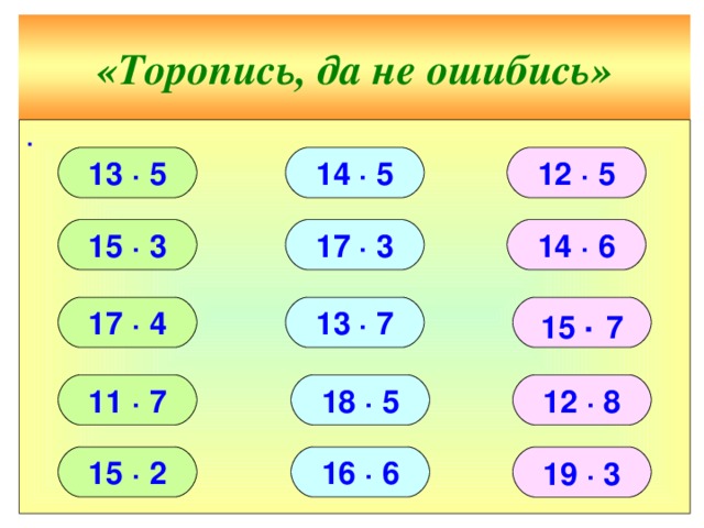 «Торопись, да не ошибись» ∙ 14 ∙ 5 12 ∙ 5 13 ∙ 5 17 ∙ 3 15 ∙ 3 14 ∙ 6 17 ∙ 4 15 ∙ 7 13 ∙ 7 11 ∙ 7 18 ∙ 5 12 ∙ 8 15 ∙ 2 16 ∙ 6 19 ∙ 3 