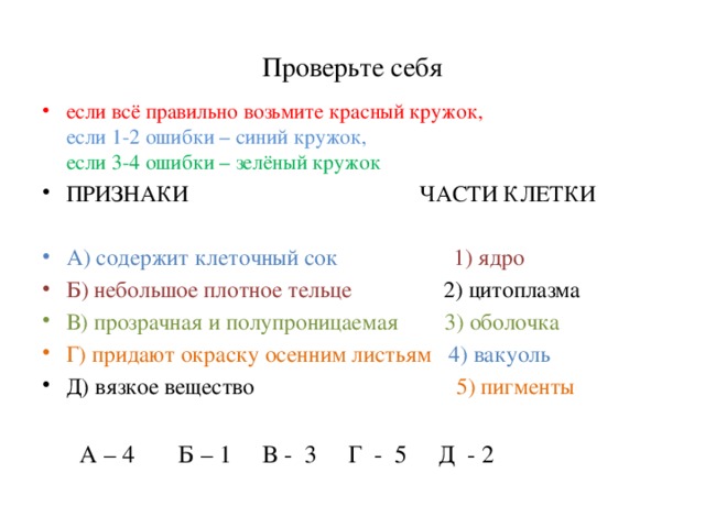 Проверьте себя если всё правильно возьмите красный кружок,  если 1-2 ошибки – синий кружок,  если 3-4 ошибки – зелёный кружок ПРИЗНАКИ ЧАСТИ КЛЕТКИ А) содержит клеточный сок              1) ядро Б) небольшое плотное тельце 2) цитоплазма В) прозрачная и полупроницаемая 3) оболочка Г) придают окраску осенним листьям 4) вакуоль Д) вязкое вещество 5) пигменты  А – 4 Б – 1 В - 3 Г - 5 Д - 2 