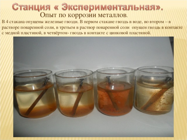  Опыт по коррозии металлов . В 4 стакана опущены железные гвозди. В первом стакане гвоздь в воде, во втором – в растворе поваренной соли, в третьем в раствор поваренной соли опущен гвоздь в контакте с медной пластиной, в четвёртом- гвоздь в контакте с цинковой пластиной. 