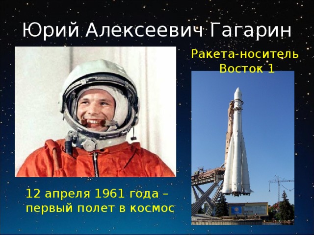 Юрий Алексеевич Гагарин Ракета-носитель  Восток 1 12 апреля 1961 года – первый полет в космос 