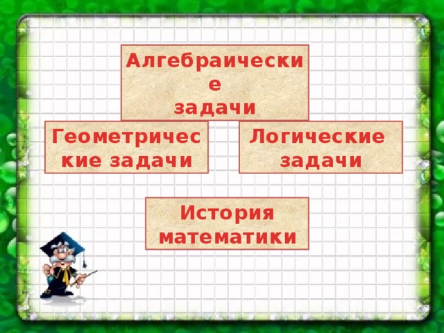Алгебраические задачи Геометрические задачи Логические задачи История математики 