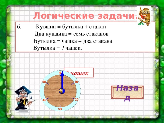 Логические задачи. 6.   Кувшин = бутылка + стакан  Два кувшина = семь стаканов   Бутылка = чашка + два стакана  Бутылка = ? чашек. 5 чашек Назад 