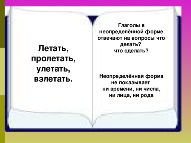 Глаголы в неопределённой форме отвечают на вопросы что делать? что сделать?    Неопределённая форма не показывает ни времени, ни числа,  ни лица, ни рода Летать, пролетать, улетать, взлетать. 