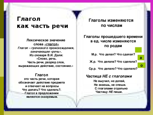 Глагол как часть речи Глаголы изменяются по числам Глаголы прошедшего времени в ед. числе изменяются по родам  М.р. Что делал? Что сделал?  Ж.р. Что делала? Что сделала?  Ср.р. Что делало? Что сделало?   Лексическое значение слова «глагол» Глагол – греческого происхождения, означающее «речь».  Из словаря В.И. Даля:  «Слово, речь. Часть речи, разряд слов, выражающих действие, состояние.»   а о Глагол это часть речи, которая обозначает действие предмета и отвечает на вопросы Что делать? Что сделать?. Глагол в предложении является сказуемым. Частица НЕ с глаголами  Не выучил, не делай,  Не знаешь, не спеши.  С глаголами отдельно  Частицу НЕ пиши.  