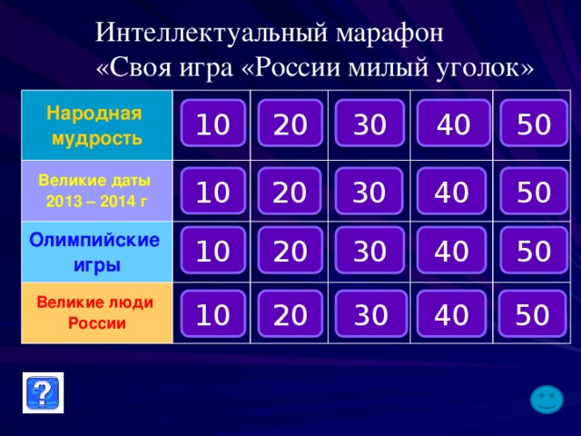 Интеллектуальный марафон «Своя игра «России милый уголок» Народная мудрость  Великие даты  2013 – 2014 г Олимпийские игры Великие люди России 30 40 50 20 10 50 40 30 20 10 10 50 40 30 20 10 20 30 40 50 