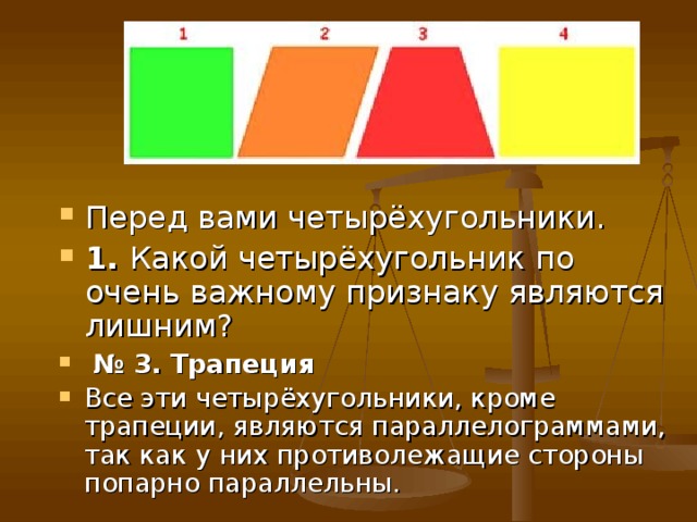 Перед вами четырёхугольники. 1. Какой четырёхугольник по очень важному признаку являются лишним?  № 3. Трапеция Все эти четырёхугольники, кроме трапеции, являются параллелограммами, так как у них противолежащие стороны попарно параллельны. 
