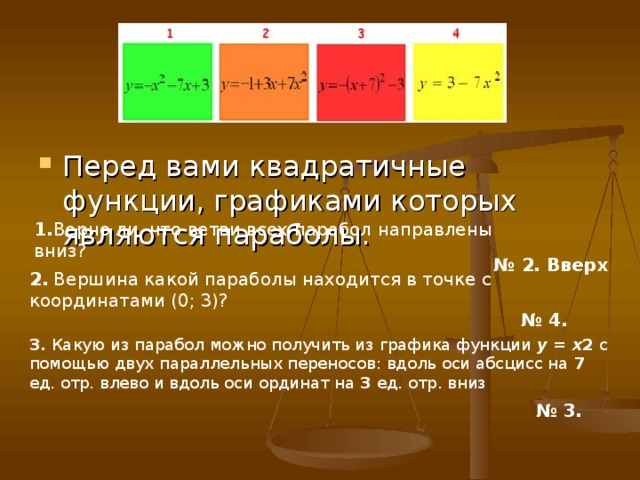 Перед вами квадратичные функции, графиками которых являются параболы. 1. Верно ли, что ветви всех парабол направлены вниз? № 2. Вверх 2. Вершина какой параболы находится в точке с координатами (0; 3)? № 4. 3. Какую из парабол можно получить из графика функции y = x 2 с помощью двух параллельных переносов: вдоль оси абсцисс на 7 ед. отр. влево и вдоль оси ординат на 3 ед. отр. вниз № 3. 