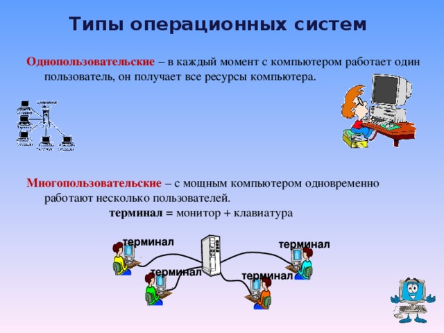 Типы операционных систем Однопользовательские – в каждый момент с компьютером работает один пользователь, он получает все ресурсы компьютера.   Многопользовательские  – с мощным компьютером одновременно работают несколько пользователей.   терминал = монитор + клавиатура терминал терминал терминал терминал 7 