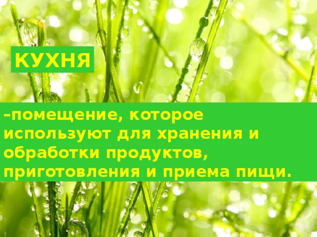 КУХНЯ – помещение, которое используют для хранения и обработки продуктов, приготовления и приема пищи. 