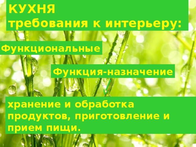 КУХНЯ требования к интерьеру: Функциональные Функция-назначение хранение и обработка продуктов, приготовление и прием пищи. 