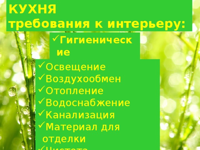 КУХНЯ требования к интерьеру: Гигиенические  Освещение Воздухообмен Отопление Водоснабжение Канализация Материал для отделки Чистота 
