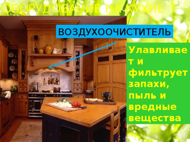 ОБОРУДОВАНИЕ НА КУХНЕ ВОЗДУХООЧИСТИТЕЛЬ Улавливает и фильтрует запахи, пыль и вредные вещества 