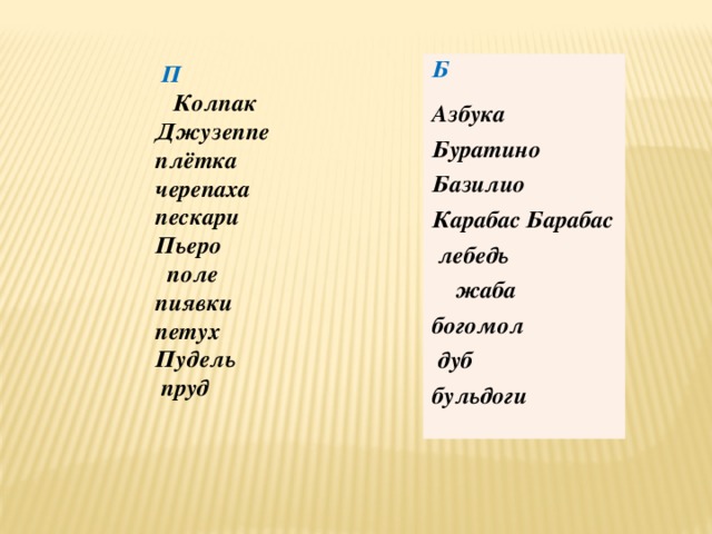 Б Азбука Буратино Базилио Карабас Барабас лебедь жаба богомол дуб бульдоги   П  Колпак Джузеппе плётка черепаха пескари Пьеро  поле пиявки петух Пудель  пруд  