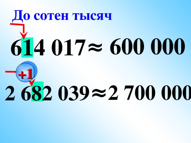 Округлить до десятков тысяч. Сотни тысяч. До сотен. Числа до 5 тысяч. Округлить до десятков тысяч 614017 2682039.