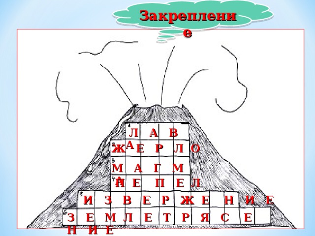 Закрепление  Л А В А Ж Е Р Л О М А Г М А  П Е П Е Л  И З В Е Р Ж Е Н И Е З Е М Л Е Т Р Я С Е Н И Е 