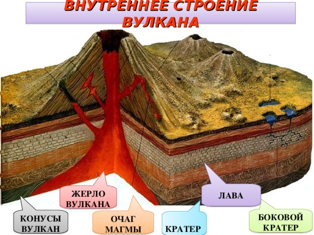  КРАТЕР  ВНУТРЕННЕЕ СТРОЕНИЕ ВУЛКАНА ЛАВА ЖЕРЛО ВУЛКАНА БОКОВОЙ КРАТЕР КОНУСЫ ВУЛКАНА ОЧАГ МАГМЫ 