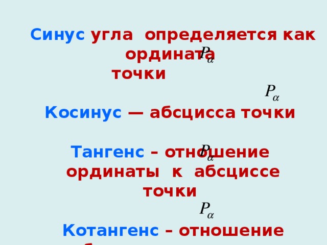 Синус угла определяется как ордината точки  Косинус — абсцисса точки  Тангенс – отношение ординаты к абсциссе точки  Котангенс – отношение абсциссы к ординате точки 