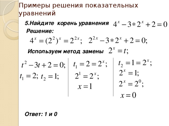 Примеры решения показательных уравнений  5.Найдите корень уравнения Решение: Используем метод замены Ответ: 1 и 0 