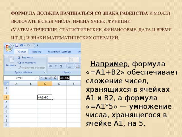 Формула должна начинаться со знака равенства и может включать в себя числа, имена ячеек, функции (математические, статистические, финансовые, дата и время и т.д.) и знаки математических операций.  Например , формула «=А1+В2» обеспечивает сложение чисел, хранящихся в ячейках А1 и В2, а формула «=А1*5» — умножение числа, хранящегося в ячейке А1, на 5. 