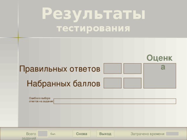 Результаты  тестирования Подождите! Идет обработка данных Оценка Правильных ответов Набранных баллов В конструкторе использована идея перемещения объектов в режиме просмотра демонстрации, предложенная Гансом Хофманом (Hans Werner Hofmann hw@lemitec.de) Ошибки в выборе ответов на задания:  Снова Выход Всего заданий  бал. Затрачено времени 22 