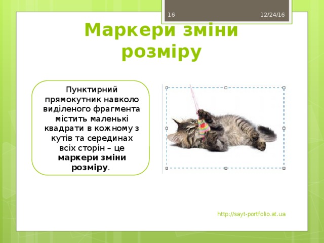 12/24/16 11 Маркери зміни розміру Пунктирний прямокутник навколо виділеного фрагмента містить маленькі квадрати в кожному з кутів та серединах всіх сторін – це маркери зміни розміру . http://sayt-portfolio.at.ua 