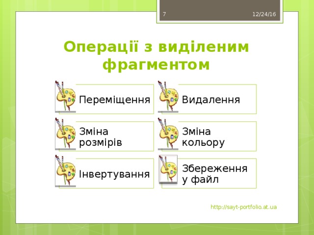 12/24/16 6 Операції з виділеним фрагментом Переміщення Видалення Зміна розмірів Зміна кольору Інвертування Збереження у файл http://sayt-portfolio.at.ua 