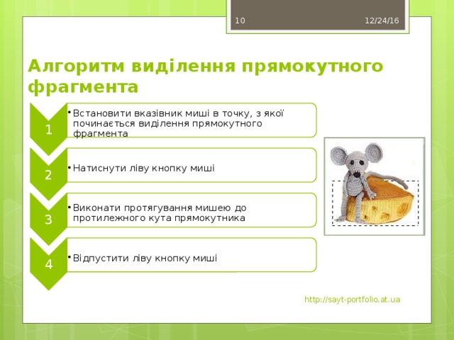 1 Встановити вказівник миші в точку, з якої починається виділення прямокутного фрагмента Встановити вказівник миші в точку, з якої починається виділення прямокутного фрагмента 2 Натиснути ліву кнопку миші Натиснути ліву кнопку миші 3 Виконати протягування мишею до протилежного кута прямокутника Виконати протягування мишею до протилежного кута прямокутника 4 Відпустити ліву кнопку миші Відпустити ліву кнопку миші 12/24/16 8 Алгоритм виділення прямокутного фрагмента http://sayt-portfolio.at.ua 